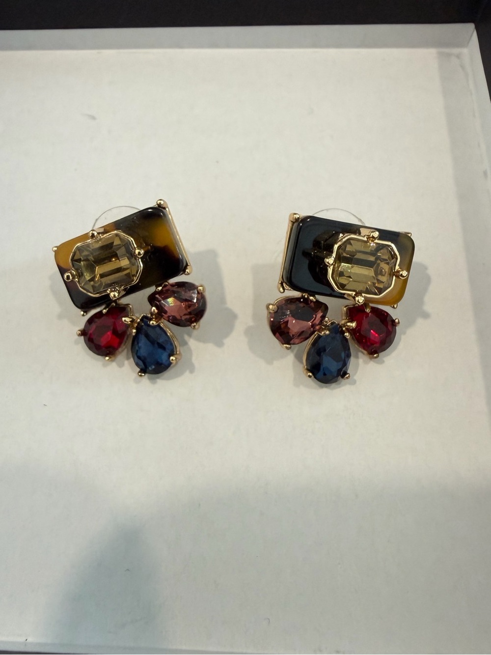 new TALBOTS Gold-Tone Multi Gem  Drop Earrings in Black, Red, Blue crystals